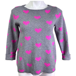 Cynthia Rowley Gray Pink Heart Three-quarter Sleeves Pullover Sweater